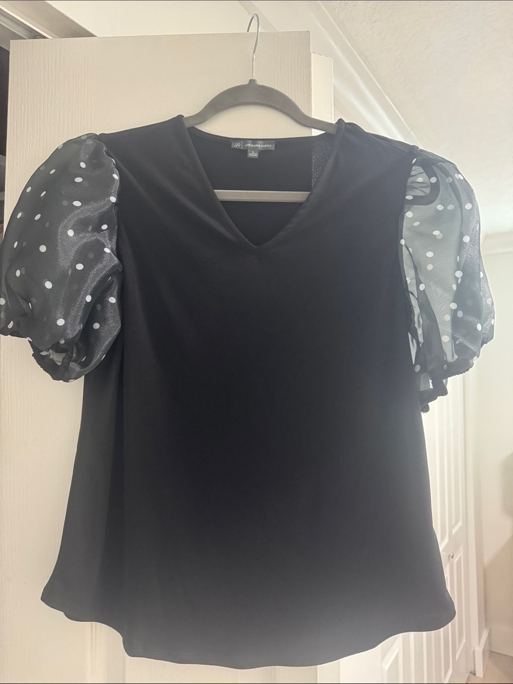 Adrianna Papell Black V-Neck Blouse with Polka Dot Puff Sleeves
